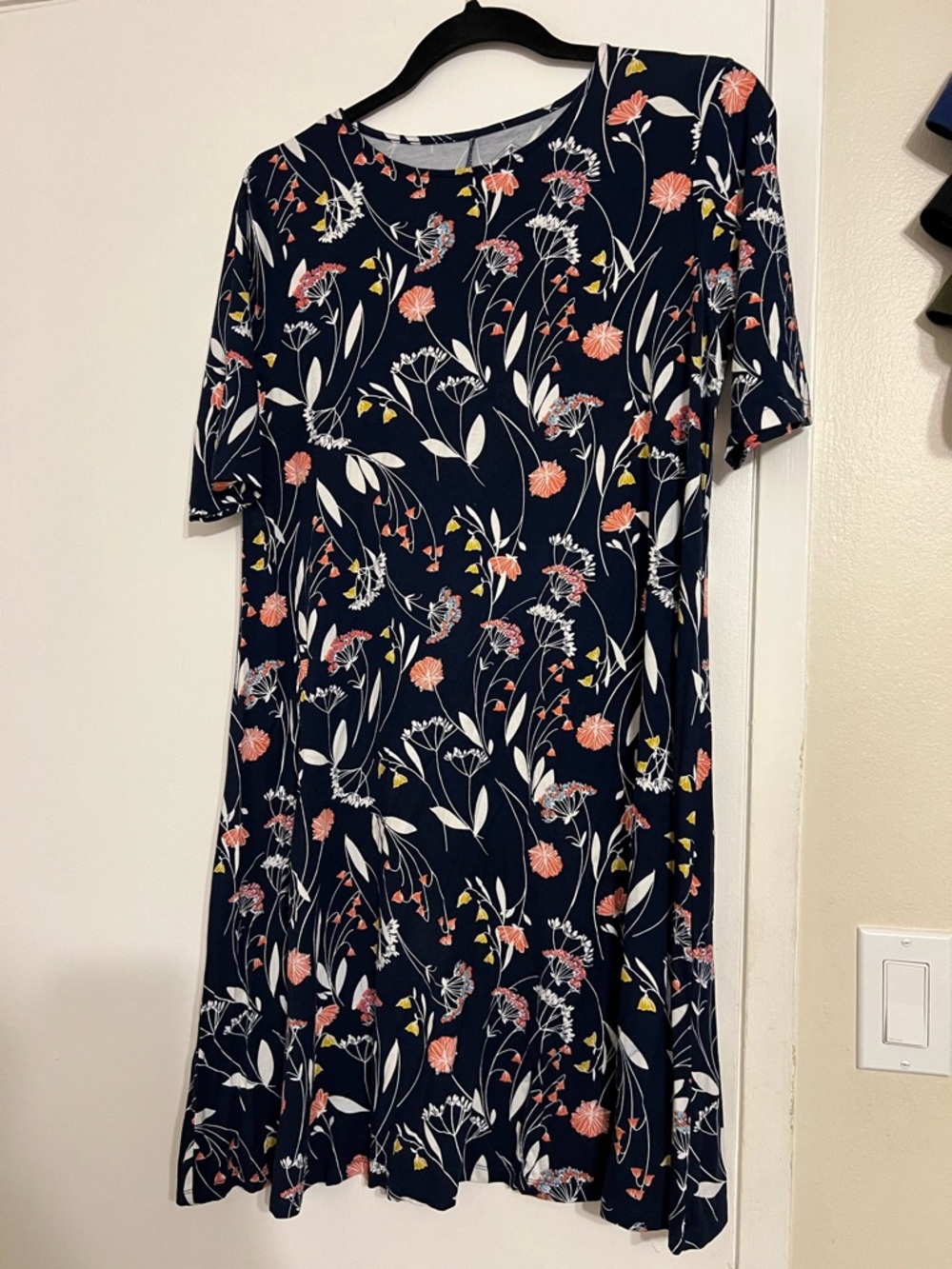St. John's Bay Navy Floral Midi Dress with Pink, White, and Yellow Blooms
